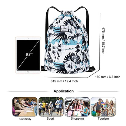 XEYOU Drawstring Backpack Bag Sport Gym Sackpack Beach Cinch Bag | Lightweight Swimming Bag, Water-Resistant Fabric, Travel Daypack for Women and Men - color: Black and White Flower Pattern