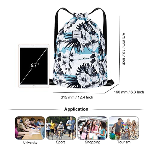 XEYOU Drawstring Backpack Bag Sport Gym Sackpack Beach Cinch Bag | Lightweight Swimming Bag, Water-Resistant Fabric, Travel Daypack for Women and Men - color: Black and White Flower Pattern