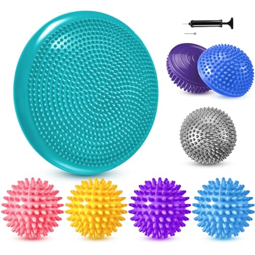 8 Pcs Balance Disc Set with Hand Pump, Wobble Cushion, 3 Balance Pods & 4 Spiky Massage Balls, for Sensory child, Balancing Training, Physical Recovery, Exercise, Adults, Dogs - color: Fresh Colors