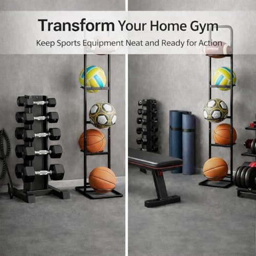Vertical Ball Rack -basketball rack- Durable Carbon Steel Storage for Basketball, Soccer, Volleyball, and More - Easy to Assemble, Waterproof, Sturdy - 56.7" H - size: 5-Balls without Basket