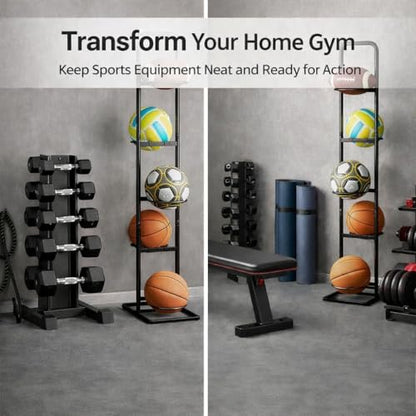 Vertical Ball Rack -basketball rack- Durable Carbon Steel Storage for Basketball, Soccer, Volleyball, and More - Easy to Assemble, Waterproof, Sturdy - 56.7" H - size: 5-Balls without Basket