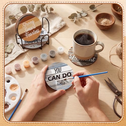 Reallnaive 8 Pcs Inspirational Paint by Number Kit for Adult Wooden Coaster | Mini Paint by Numbers, Farmhouse Motivational Round Oil Painting Drink Coaster with Holder, for Small DIY Craft Birthday Gift - style: Farmhouse
