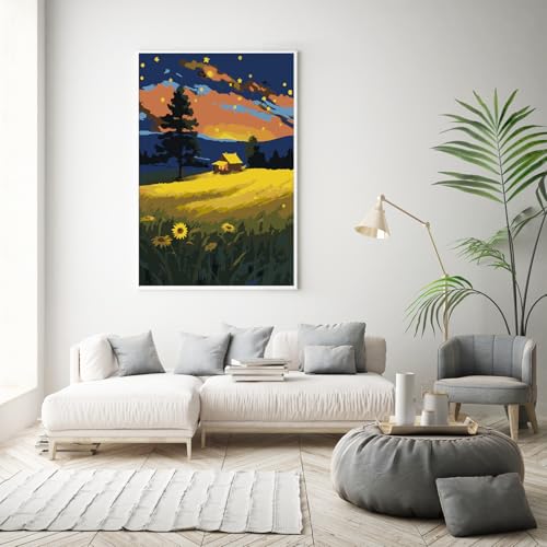 Framed Paint by Numbers Kit for Adults Beginner, Starry Night Easy Adult Paint by Number Kits on Canvas, DIY Acrylic Watercolor Landscape Oil Paint by Number for Adults for Home Decor Gift 8x12 Inch - color: DG-OP-F-StarrySkyField-2030