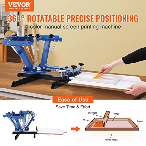 VEVOR Screen Printing Machine, 4 Color 1 Station 360° Rotable Silk Screen Printing Press, 21.2x17.7in / 54x45cm Screen Printer Press, Double-Layer Positioning Pallet for T-Shirt DIY Printing | For T-Shirt DIY Printing, 360° Rotatable, 21.2 x 17.7 in / 54