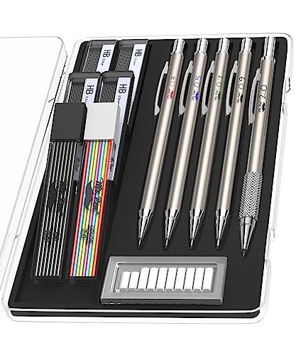 Mr. Pen- Metal Mechanical Pencil Set with Lead and Eraser Refills, 5 Sizes | 0.3, 0.5, 0.7, 0.9, 2mm, Drafting, Sketching, Architecture, Drawing Mechanical Pencils, Metal Mechanical Pencils