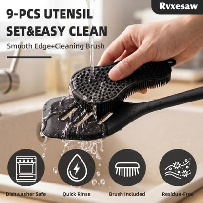 Kitchen Utensils Set,9 PCS Silicone Cooking Utensils Set Spatula Set,Non Toxic Cooking Utensils,Tongs,Spoon,Whisk,Brush,BPA Free Kitchen Gadgets for Non-Stick Cookware,Home Essential(Black-9P) - color: Black