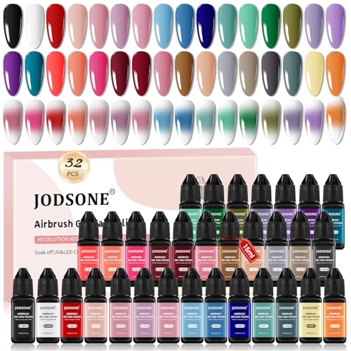 JODSONE 32 Colors Airbrush Gel Nail Polish Kit No-Dilution Airbrush Gel | for Gradient French Effect Nails ,Fine Mist Nail—Ideal for Home or Salon Use, Nail Art Design Salon Kit - color: Airbrush-1
