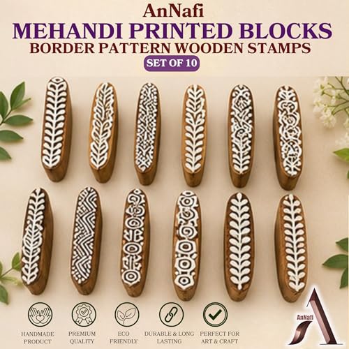 AnNafi® Mehendi Print Blocks| Border Pattern Wooden Stamps (Set of 10)| Fabric Wooden Stamps Border Pattern Printing Blocks| Designer Craft for Mehandi Textile Pottery Saree Border Canvas Painting |