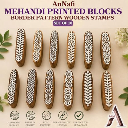 AnNafi® Mehendi Print Blocks| Border Pattern Wooden Stamps (Set of 10)| Fabric Wooden Stamps Border Pattern Printing Blocks| Designer Craft for Mehandi Textile Pottery Saree Border Canvas Painting |