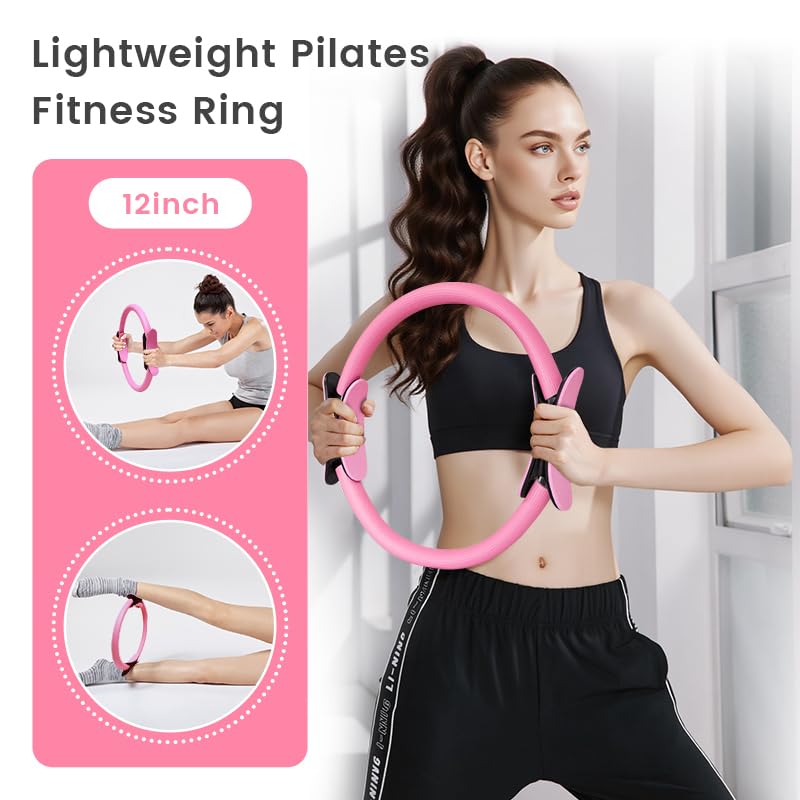 Home Pilates Essentials Kit for Women, with 5 Resistance Bands - Magic Circle Pilates Kit for Home Toning, Includes Yoga Ball, Stretch Strap & Gym Bag (13-Piece Complete Starter Set) - color: Pink