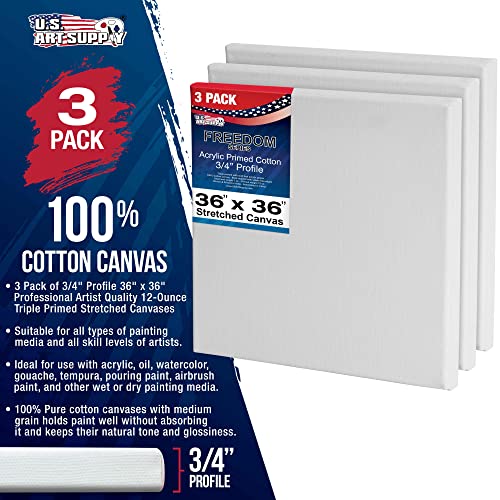 U.S. Art Supply 36 x 36 inch Stretched Canvas 12-Ounce Triple Primed, 3-Pack - Professional Artist Quality White Blank 3/4" Profile, 100% Cotton, Heavy-Weight Gesso - Acrylic Pouring, Oil Painting - size: 36" x 36"