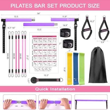 Bbtops Pilates Bar Kit with Resistance Bands,Pilates Bar with Stackable Bands Workout Equipment for Legs,Hip,Waist and Arm,Exercise Fitness Equipment for Women & Men Home Gym Yoga Pilates - color: Violet