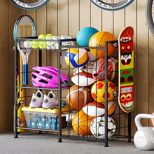 Sports Equipment Organizer, Ball Storage Rack with Elastic Straps and Removable Basket for Garage Organization, Garage Organizer with Hooks for Toy Sports Gear Storage, Sports Ball Storage Cart, Black - size: Large