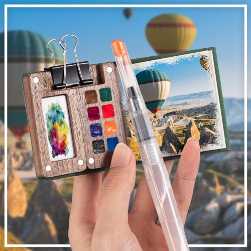 Qilery Mini Portable Watercolor Palette Set Wooden Grid Paint Box Watercolor Paper Sketch Book Brush Pens with Binder Clip for Painters Artist Not Include Paint(Pine Green) - style: Pine Green