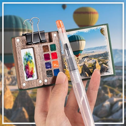 Qilery Mini Portable Watercolor Palette Set Wooden Grid Paint Box Watercolor Paper Sketch Book Brush Pens with Binder Clip for Painters Artist Not Include Paint(Pine Green) - style: Pine Green