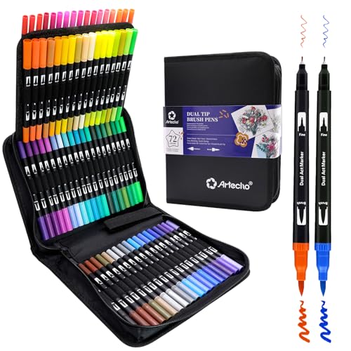 Artecho 72 Colors Dual Tip Markers for Adult Coloring Books with Bag | Drawing Pens For School, Fine and Brush Tip, Calligraphy, Drawing, Sketching