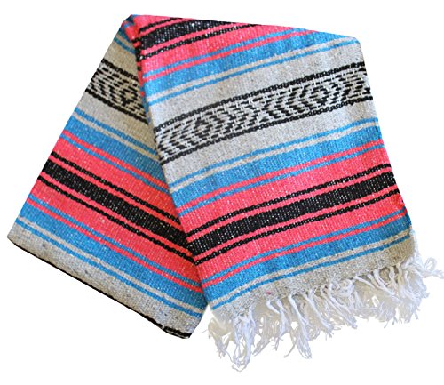 Del Mex Classic Mexican Blanket, Large Authentic Woven Falsa Throw (70"x50"), Artisan Southwest Décor for Beach, Yoga, Outdoors (Salmon/Blue) - color: Salmon/Blue