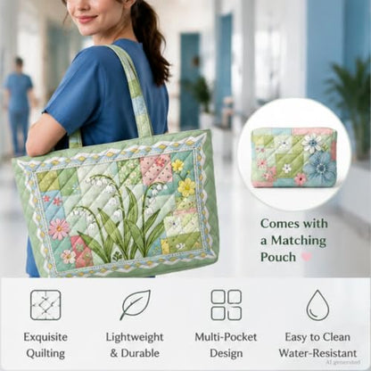 Quilted Tote Bag 2 Pack, Women's Tote Handbags for Work Travel - color: Sage Green Floral