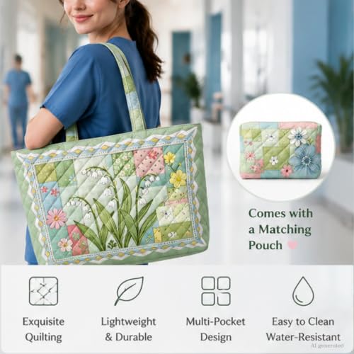 Quilted Tote Bag 2 Pack, Women's Tote Handbags for Work Travel - color: Sage Green Floral