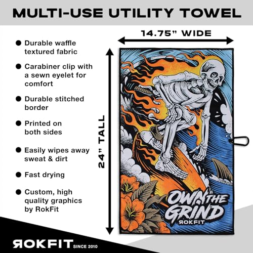 RokFit Gym & Golf Towel – Multi-Use, Quick-Dry, Durable Utility Towel with Bold Graphic and Carabiner Clip (Own The Grind) - color: Own the Grind