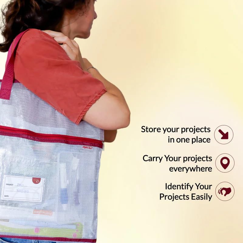 Madam Sew Project Bag - Craft Bag Organizer Tote with Handles, Two Pockets, See-Through Mesh, and Card Slot – Perfect for Quilting, Knitting, Stitching and Embroidery Projects Storage - 16”x16” - color: Light Pink