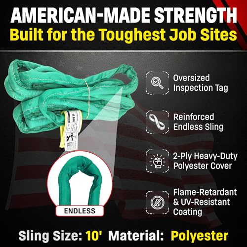 Chenango Supply VR2 10ft Green Endless Round Polyester Rigging Sling | USA Made, Double-Ply Cover, for Lifting & Material Handling, Capacity: 5,300 lb Vertical, 4,240 lb Choker, 10,600 lb Basket - size: 10 ft