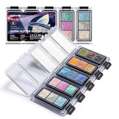 15 Color Super Glitter Watercolor Paint Set - Metallic & Shimmery for Art, Crafts | Easy to Load, Superior Adhesion, Quick Activation on Paper