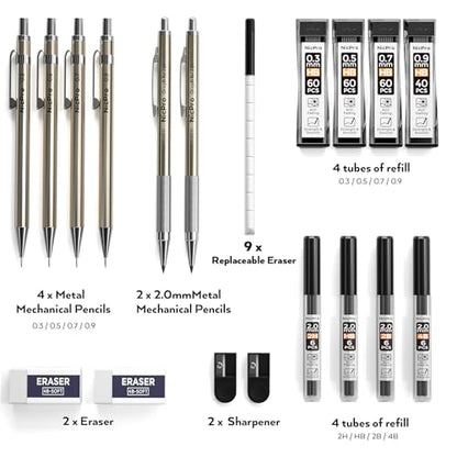 Nicpro 6PCS Metal Mechanical Pencil Set, Full Copper Drafting Pencil 0.3, 0.5, 0.7, 0.9 mm & 2PCS 2mm Graphite Lead Holder(4B 2B HB 2H) For Art Sketching Drawing With Lead Refills Eraser Case - color: Gold