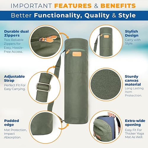 UDANA Canvas Yoga Mat Bag for Women & Men, Full-Zip Carrier with 3 Pockets & Adjustable Strap, Stylish Gym & Pilates Bag – Available in Multiple Sizes
