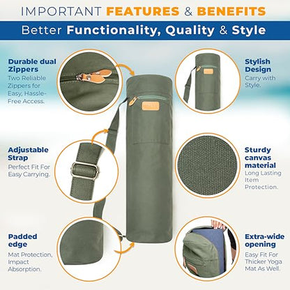UDANA Canvas Yoga Mat Bag for Women & Men, Full-Zip Carrier with 3 Pockets & Adjustable Strap, Stylish Gym & Pilates Bag – Available in Multiple Sizes