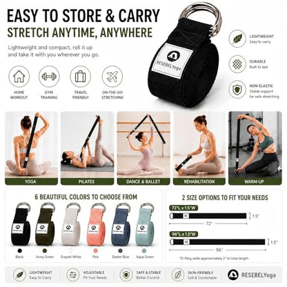 Yoga Strap for Stretching, Non-Elastic Yoga Belt with D-Ring - color: Black, size: 6Feet/1.8M