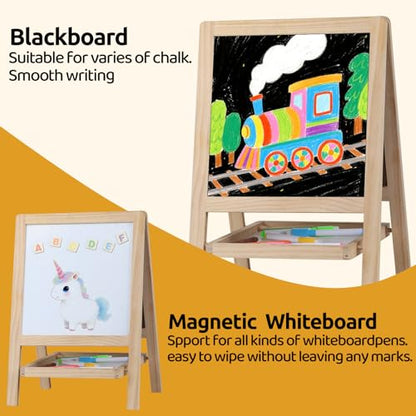 Tabletop Wooden Art Painting Easel for Kids 2-4, Chalkboard & Double-Sided Drawing Whiteboard for Toddlers, 4-in-1 Desk Easel with Magnetic Letters/Numbers & Flashcards Markers, Eraser