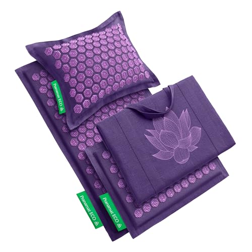 Pranamat Acupressure Large & Small Mat with Pillow and Bag Set, Premium Acupressure Therapy for Pain Relief and Relaxation, Handcrafted in Europe with Sustainable and Natural Materials (Lavander) - color: Lavander
