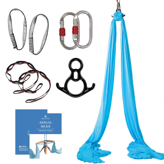 Aerial Silks Starter Kit, 9 Yards, Aerial Yoga Hammock, Hardware | Knitted fabric with pose guide, for aerial yoga, gymnastics, silk swing, stretching and home gym use, suitable for all levels - color: Sky Blue