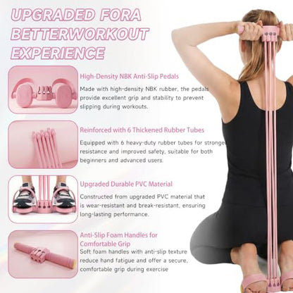 Pedal Resistance Band with Handles, Adjustable 6-Tube Detachable Workout Band, Thai Natural Rubber Tension Rope for Abs Arms Waist Legs, Home Fitness Equipment - color: pink