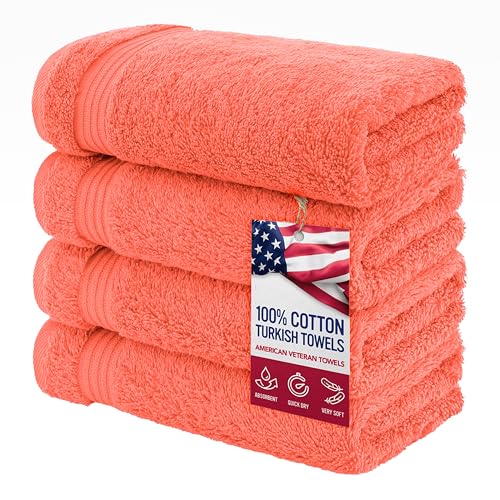 American Veteran Towel, Hand Towels for Bathroom Set of 4, 100% Cotton Turkish Hand Towel Sets, Soft Hand Face Towels, Coral Hand Towels - color: Coral, size: 16x28