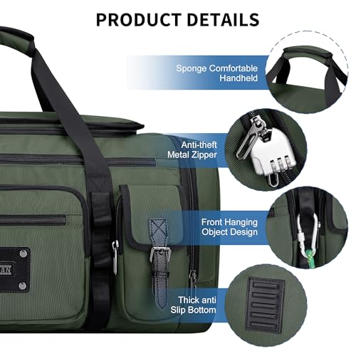 WITZMAN Duffle Bag for Men Large 55L Travel Duffel with Shoe Compartment | Water-resistant Nylon, Dry-wet Pocket, Fits 16" Laptop, Convertible for Gym, Weekender, Sports, Overnight, B717 Army Green - color: Army Green