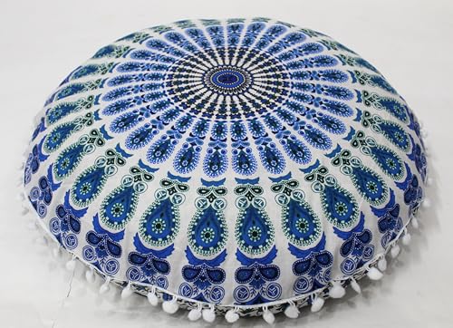 INDIAN CRAFT CASTLE ICC 32 Inch Large Round seat Floor Cushion Cover Chair Ottoman Pouf Pillow Cover Meditation Floor Cushion Covers Seating pouffe Throw Covers Sky Blue - color: Sky Blue