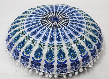 INDIAN CRAFT CASTLE ICC 32 Inch Large Round seat Floor Cushion Cover Chair Ottoman Pouf Pillow Cover Meditation Floor Cushion Covers Seating pouffe Throw Covers Sky Blue - color: Sky Blue