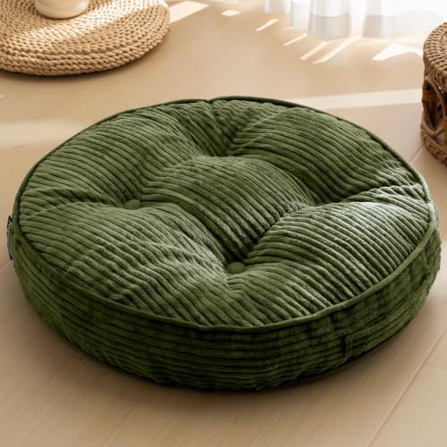HIGOGOGO 4" Floor Pillow Cushion for Adults, Meditation Cushion Pillow, Large Round Floor Sitting, Tufted Corduroy Cover, for Tatami Living Room or Yoga, 22x22 Inch, Dark Green - color: Round Dark Green, size: 4" Thick(Pack of 1)