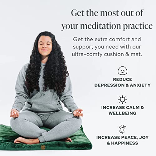 Mindful & Modern Meditation Cushion and Zabuton Meditation Mat Bundle - Premium Luxury Velvet Meditation Cushion Set for Yoga - Buckwheat Zafu Floor Pillow and Rectangular Mat - Emerald Green Color