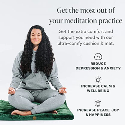 Mindful & Modern Meditation Cushion and Zabuton Meditation Mat Bundle - Premium Luxury Velvet Meditation Cushion Set for Yoga - Buckwheat Zafu Floor Pillow and Rectangular Mat - Emerald Green Color