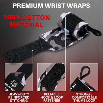 TECEUM Elastic Cotton Weightlifting Wrist Wraps with Thumb Loops, 1 Pair - color: Black Camo, style: 12" – Arms on Fire