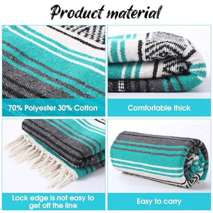 Oudain Mexican Blanket Woven Authentic Falsa Throw 45 x 70 Inch – Authentic Baja Serape Saddle Blanket Outdoor for Restorative Yoga, Beach, Picnic, Couch, Car Travel(Turquoise) - color: Turquoise