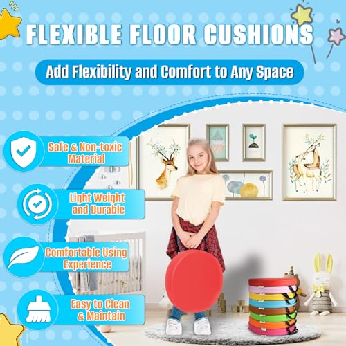 8 PCS 16 Inch Round Floor Pillows with Handles | Waterproof Synthetic Leather Flexible Seating Cushions | 16''x16''x2'' Thick Floor Cushions for Classroom, Home, Yoga & Meditation