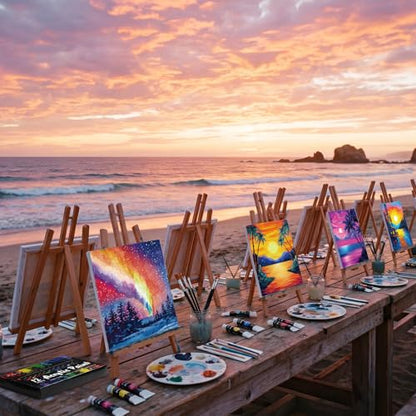 Cholemy 36 Pcs Paint and Sip Kit Gift for Adults 8''x10'',Sunset Coast | Pre Drawn Canvas, Painting DIY Afro Acrylic Painting Kit, Wood Easel Brushes, Date Night Bulk, Summer Halloween Party - style: Sunset Coast