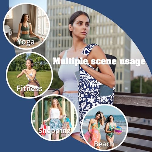 Yoga Mat Bag Carrier for Women with Side Large Pocket Durable Linen Workout Gym Travel Storage Pilates Mats - color: Chinoiserie