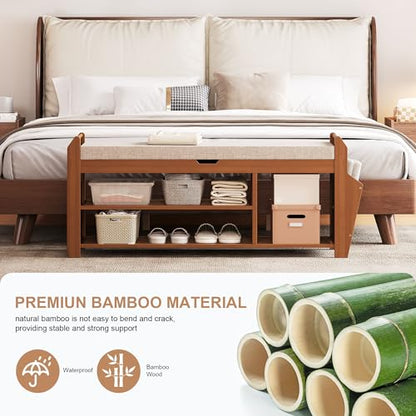 PETKABOO 39.4" Bamboo Shoe Rack Bench, 3-Tier Entryway Bench with Thick Cushion, Flip-Top & Side Storage, Holds Up to 550 LBS for Hallway, Living Room, Bedroom - color: 39.4"