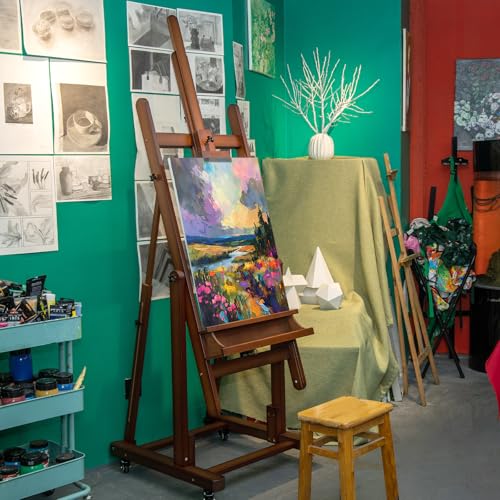 Falling in Art Extra Large H-Frame Studio Easel with Storage Tray (Walnut) | Solid Beechwood Artist Easel , Adjustable Canvas Holder Stand with Rolling Wheels for Painting Adult - style: Studio Easel Walnut