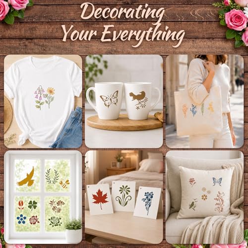 120Pcs Flower Stencils for Painting Reusable 3x6in with Ring Pouch | 2 Sizes Large Small, Wildflower Dragonfly Botanical Butterfly Stencils for DIY, Crafts, Wall, Fabric Art, Wood Signs